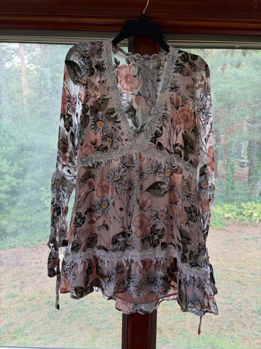 For Love & Lemons Pink Floral Lace-Trim Peasant Tunic